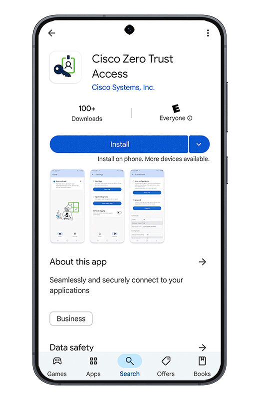 An animated smartphone screen demonstrating the steps to download the Cisco Zero Trust Access.