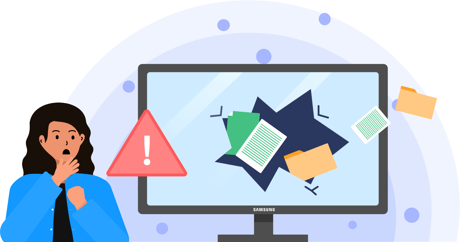 An illustration of a person reacting with concern beside a monitor displaying scattered documents and folders, alongside a warning symbol.