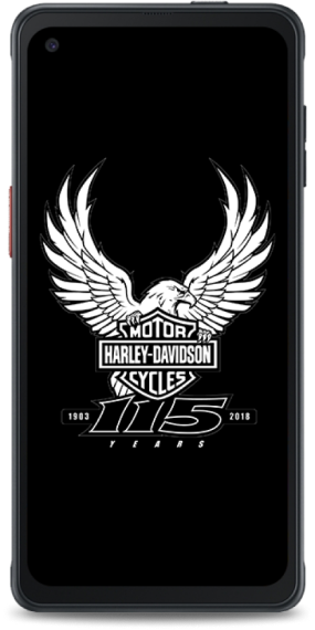 A smartphone displaying a large Harley-Davidson logo.