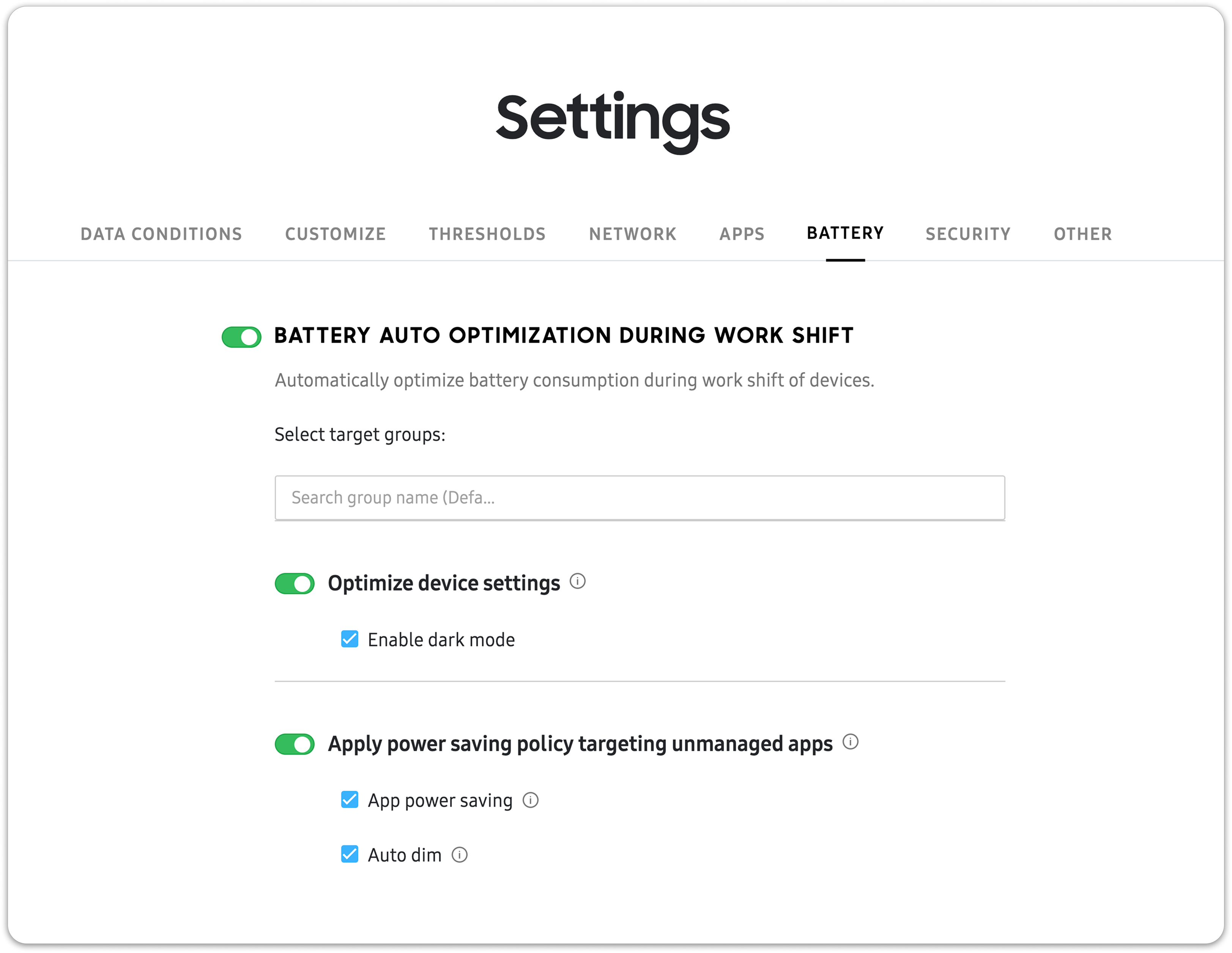 The 'Battery' tab from the Knox Asset Intelligence 'Settings' page, displaying the battery auto optimization feature and its sub-policies as enabled.