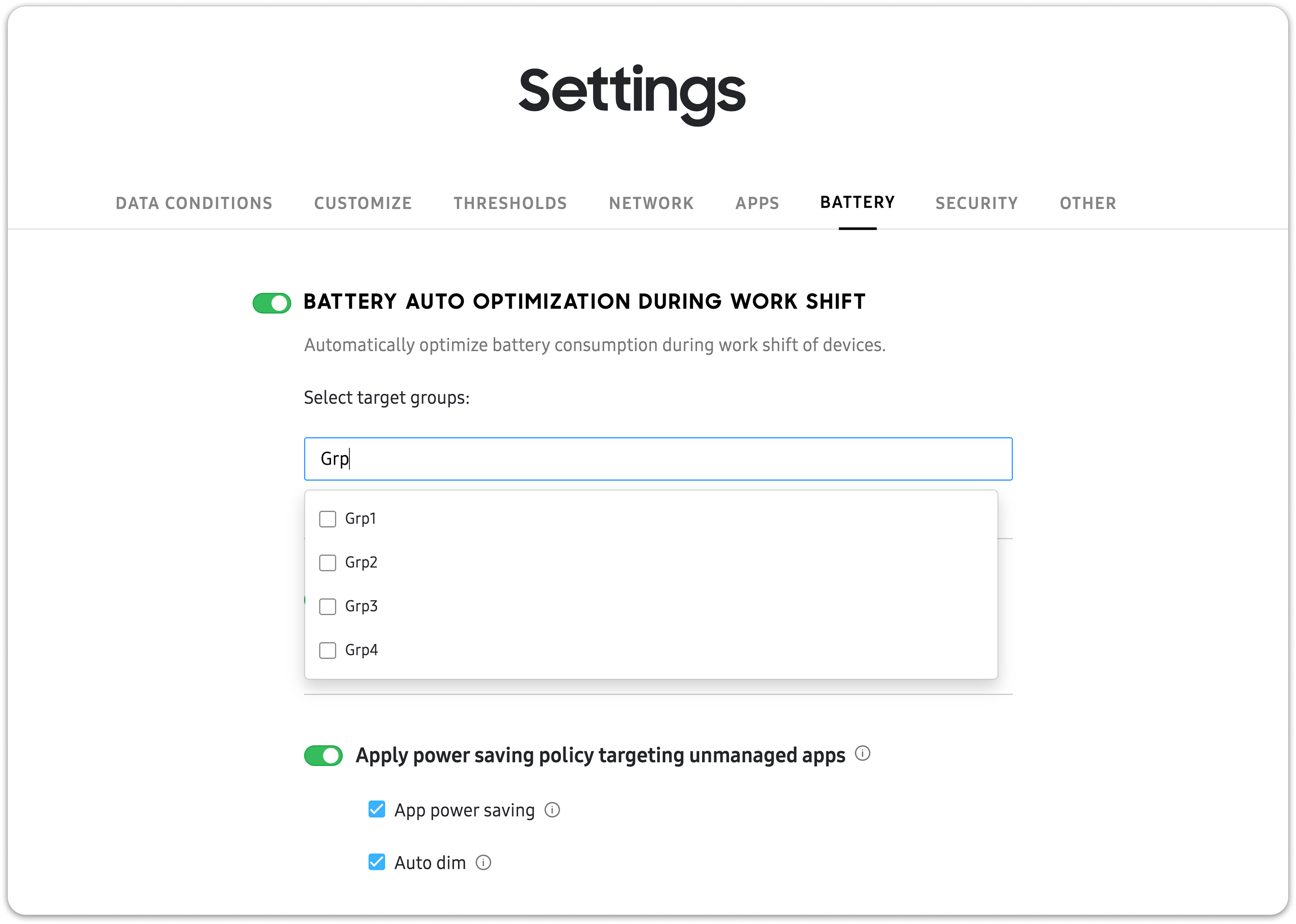 The 'Battery' tab from the Knox Asset Intelligence 'Settings' page, displaying the battery auto optimization feature as enabled and the target group dropdown expanded, listing Groups 1 to 4 as options.