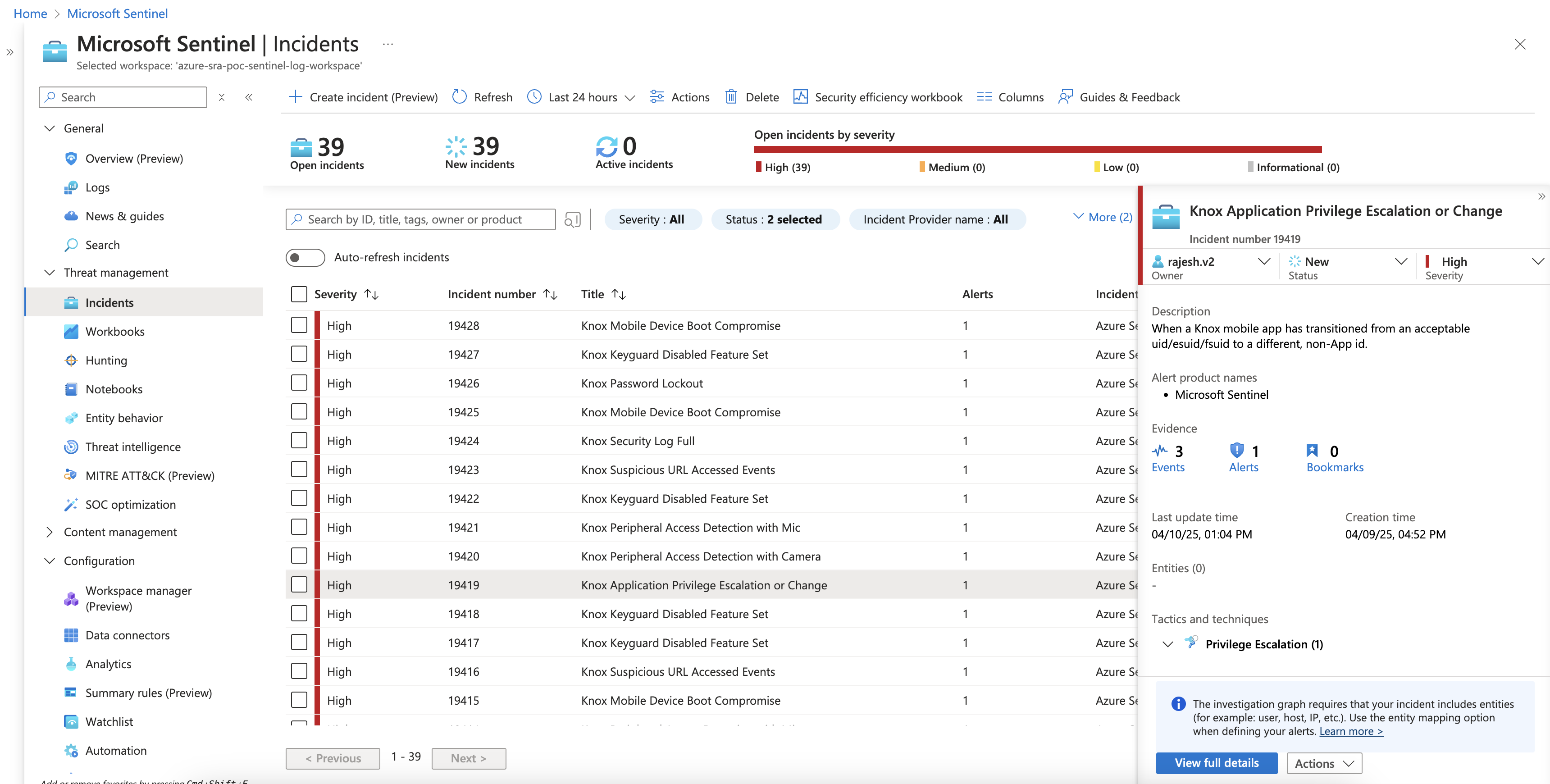 The Microsoft Sentinel 'Incidents' page, displaying a list of security incidents with details such as severity, status, and owner.