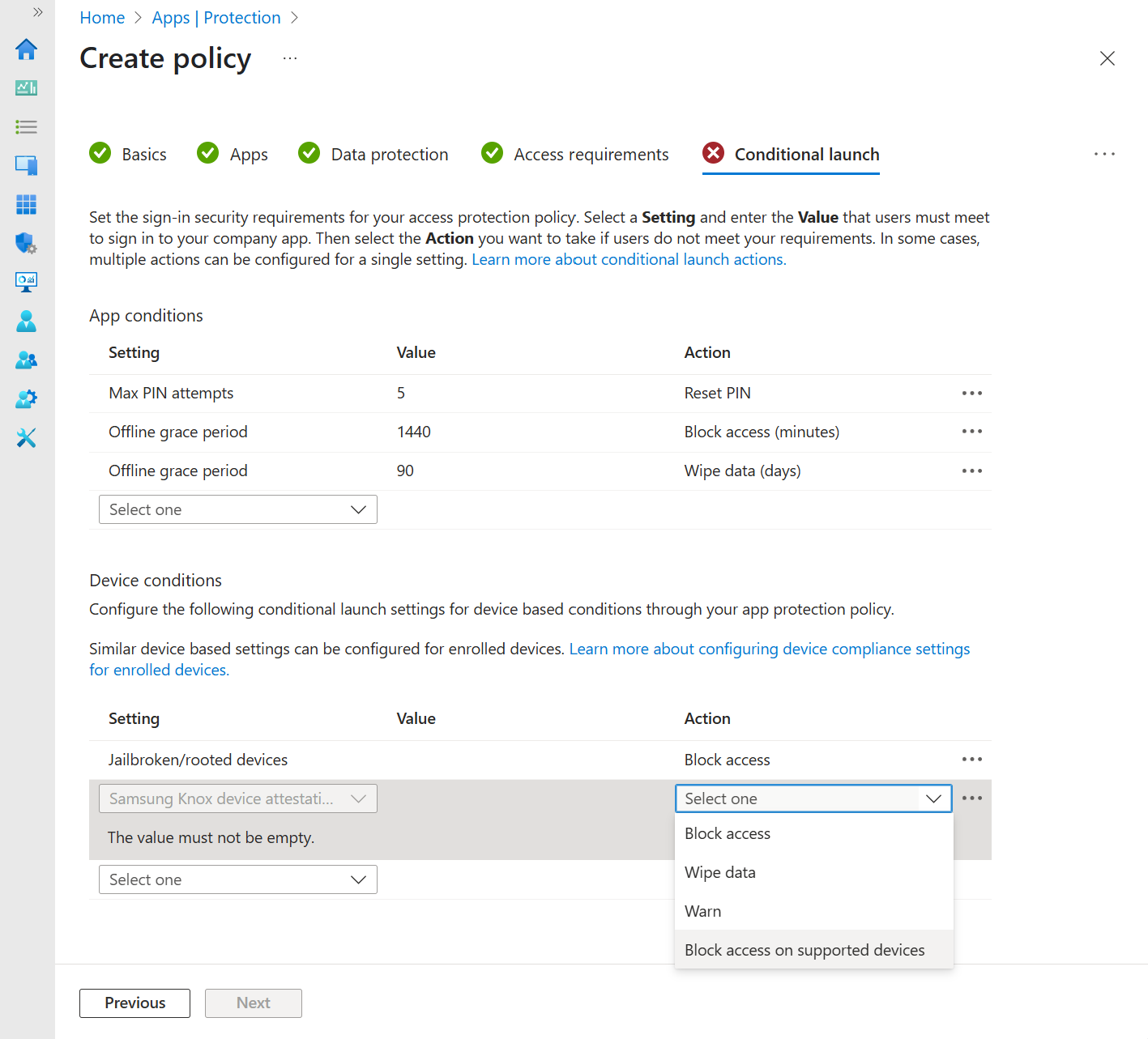 The 'Conditional launch' section of the Microsoft Intune Admin Center's 'Create policy' page, displaying the dropdown options for Samsung Knox device attestation.