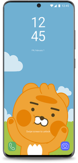 A Samsung Galaxy phone displaying a lock screen featuring Ryan the bear from KakaoTalk.