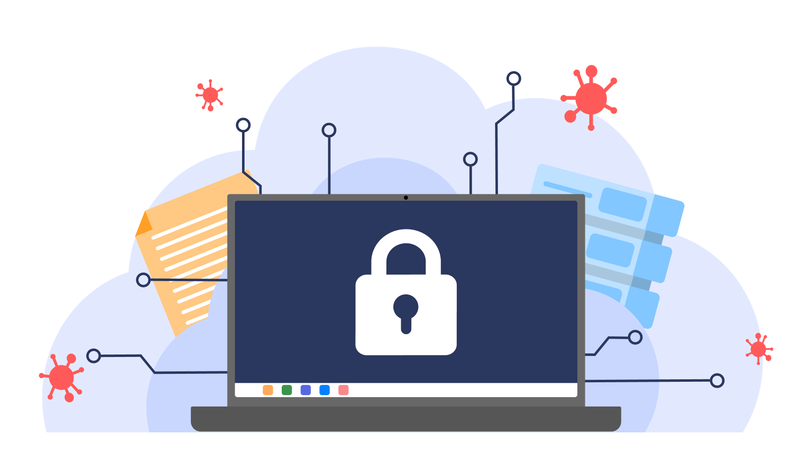 An illustration of a laptop with a lock icon on the screen, surrounded by virus icons and portruding network nodes.