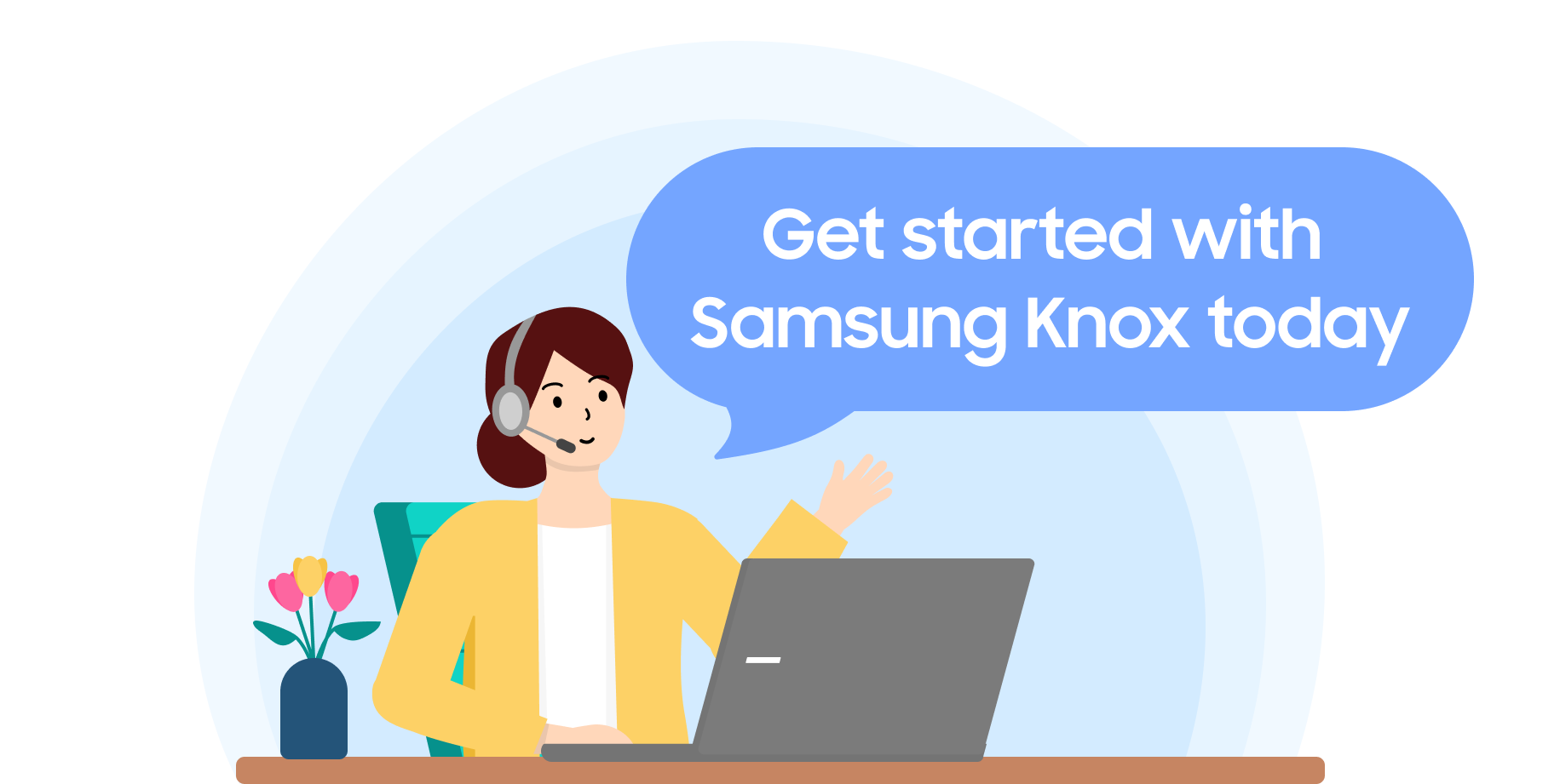 An illustration of a customer support representative wearing a headset and sitting at a desk with a laptop, with a speech bubble that reads 'Get started with Samsung Knox today.'