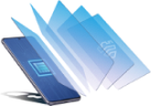 A graphic of a Samsung Galaxy smartphone with translucent blue layers stacked above the device with the Samsung Knox shield on the top layer.
